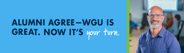 white male alumni graduate smiling. WGU is great. Now it's your turn - apply now.