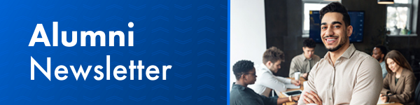 "Alumni Newsletter" header with a smiling man and colleagues in an office setting.