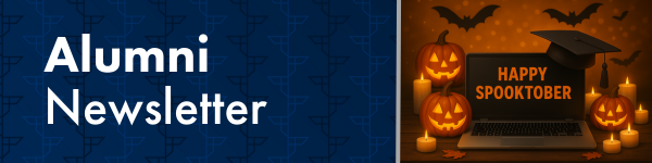 A banner with "Alumni Newsletter" on the left and a festive Halloween scene on the right, featuring carved pumpkins, lit candles, a laptop with "Happy Spooktober," and a graduation cap.