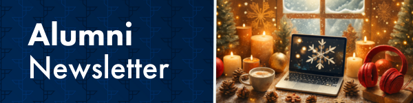 "Alumni Newsletter" text displayed next to a cozy winter scene with a laptop showing a snowflake, lit candles, and red headphones.