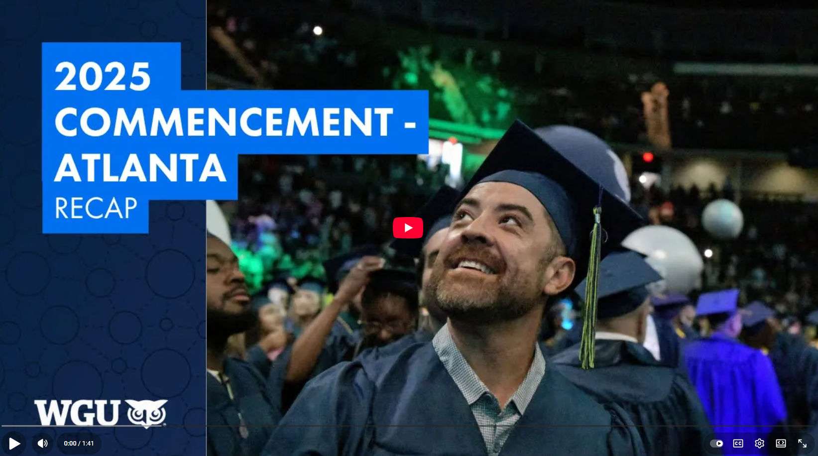 Video thumbnail for the "2025 Commencement - Atlanta Recap" showing a smiling graduate looking up, wearing a cap and gown, with other graduates in the background.
