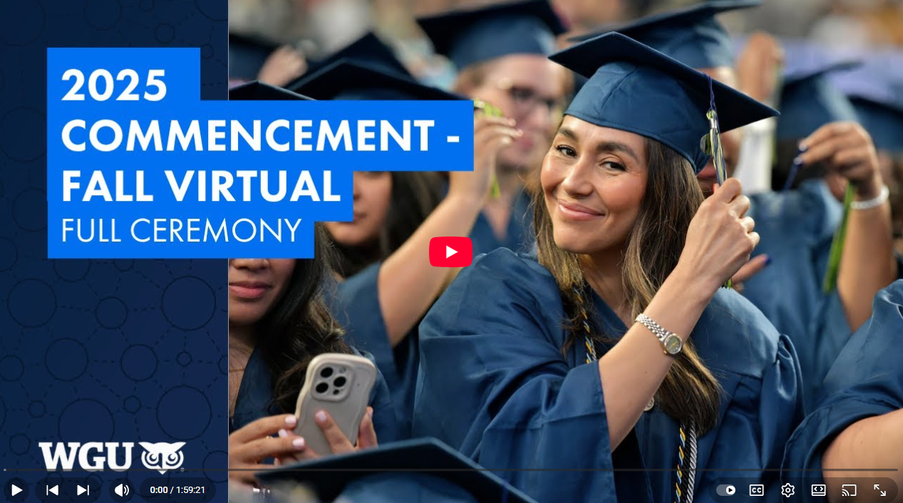 A smiling female graduate in a navy cap and gown holding her tassel, with "2025 Commencement - Fall Virtual Full Ceremony" text overlaid.
