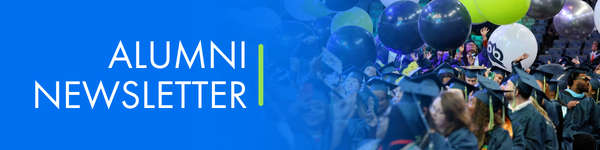 Banner for an Alumni Newsletter, featuring graduates in caps and gowns with balloons in the background.