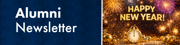 Image showcasing 'Alumni Newsletter' text on a dark blue background alongside a 'Happy New Year!' greeting with fireworks and a clock nearing midnight.