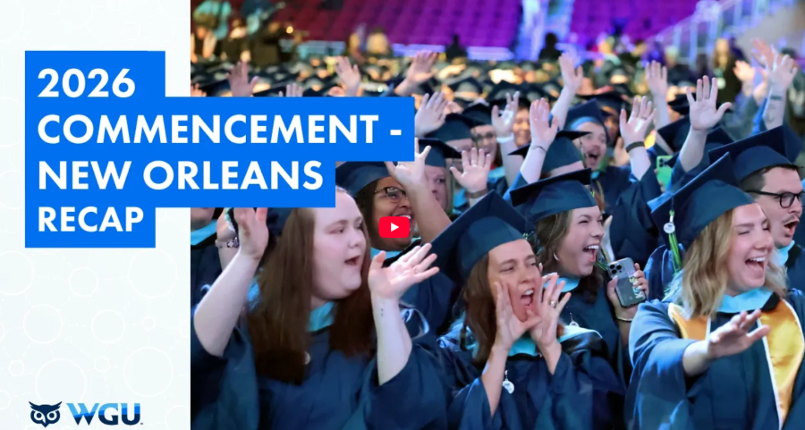 Video thumbnail: Graduates in caps and gowns cheer with raised hands, with text '2026 COMMENCEMENT - NEW ORLEANS RECAP'.