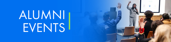 Image with text 'Alumni Events' over a group of people networking at an event.