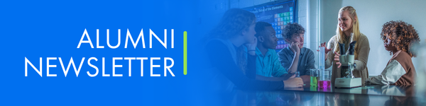Alumni Newsletter banner with students in a science lab.