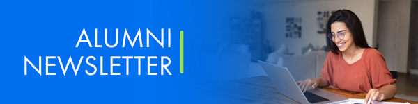 Alumni Newsletter banner featuring a smiling woman working on a laptop.