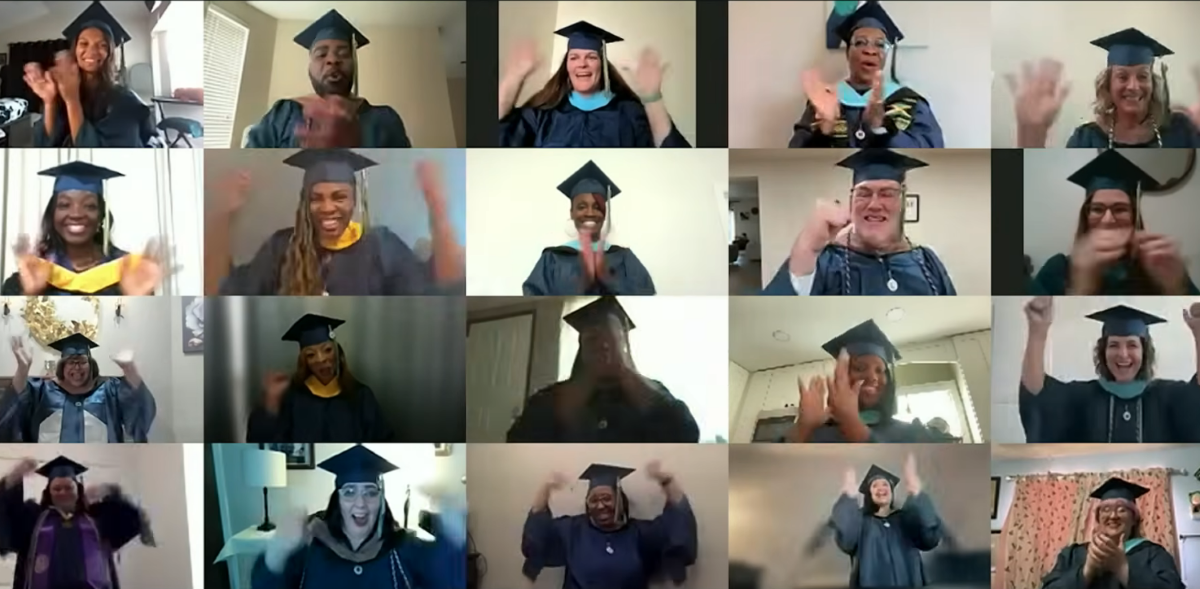 A grid of smiling graduates in caps and gowns celebrating virtually on a video call, waving and clapping.