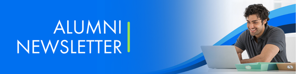 Alumni Newsletter banner with a smiling man working on a laptop.