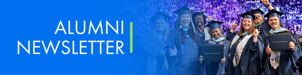 Alumni Newsletter banner with graduates in caps and gowns celebrating and holding diplomas.