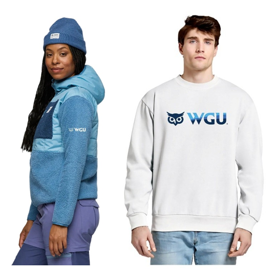 A woman in a blue beanie and a blue fleece jacket with the WGU logo, next to a man in a white WGU sweatshirt.