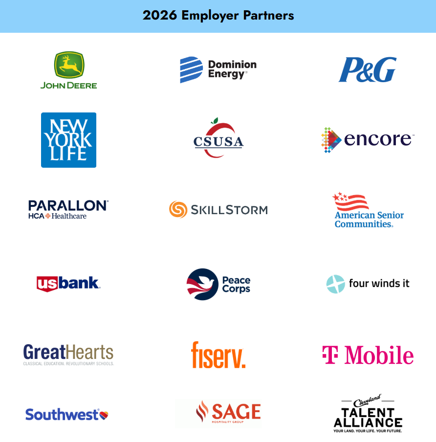 A grid of 18 logos from companies including John Deere, Dominion Energy, P&G, New York Life, T-Mobile, and Southwest, displayed under the title "2026 Employer Partners."
