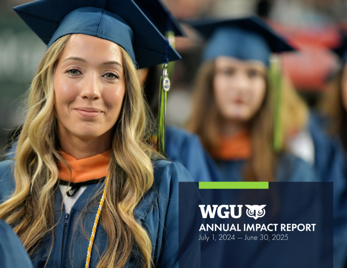 A smiling female graduate in a blue cap and gown with an orange stole, with "WGU Annual Impact Report" text overlay.
