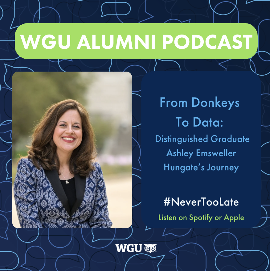 Promotional image for the WGU Alumni Podcast featuring "From Donkeys To Data: Distinguished Graduate Ashley Emsweller Hungate's Journey," with a photo of a smiling Ashley Emsweller Hungate.