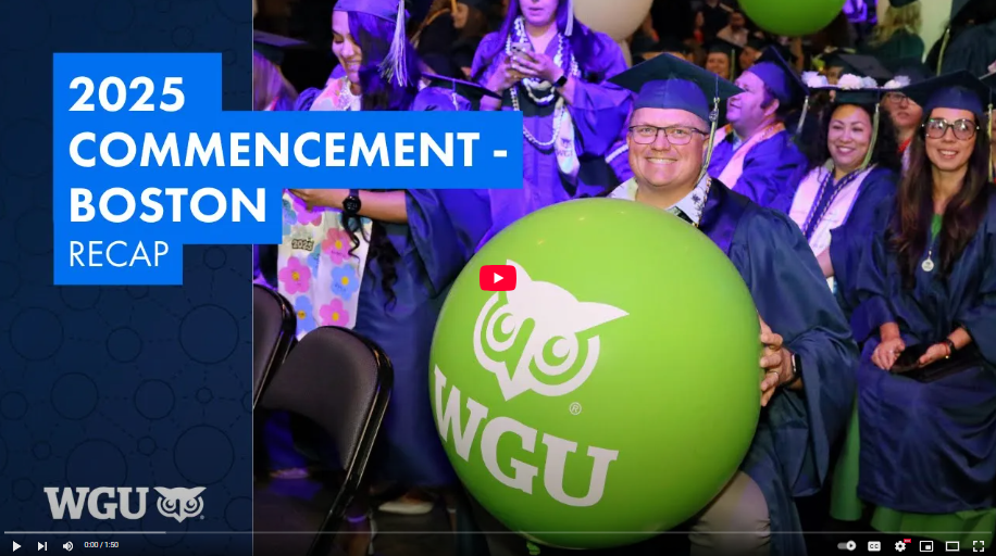 A group of smiling graduates in caps and gowns, with one holding a large green WGU balloon, and a text overlay indicating '2025 Commencement - Boston Recap'.