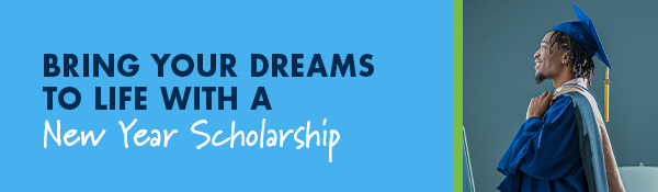 black male graduate in cap and gown, Bring your dreams to life with a new year scholarship