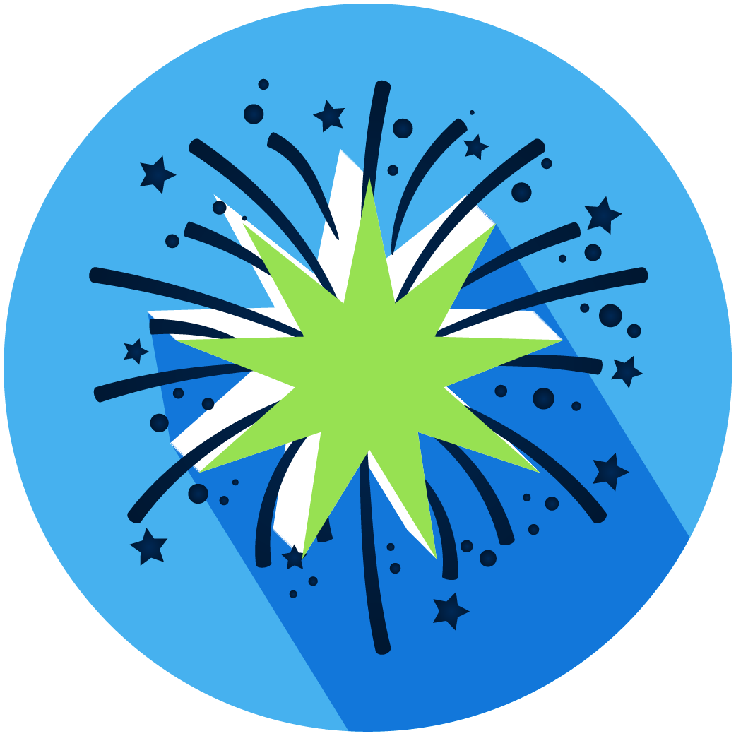 Illustration of a green starburst explosion with black sparks and stars on a blue background, representing celebration.