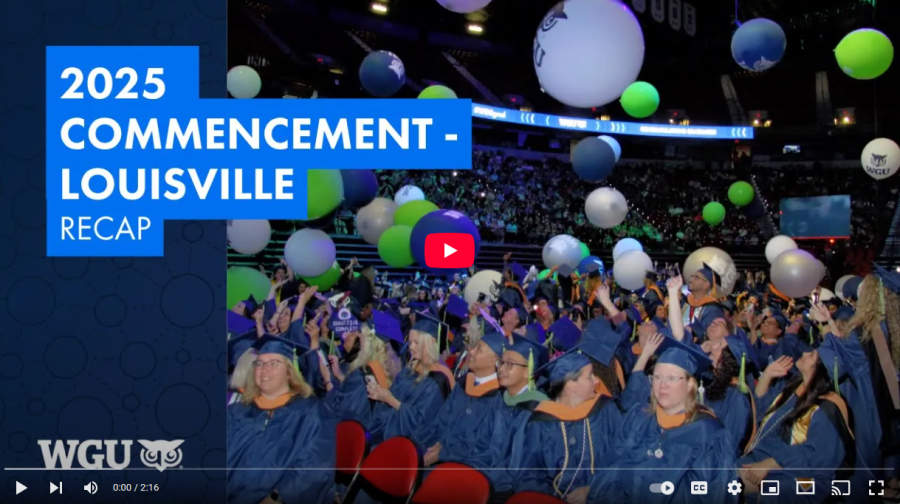 Video thumbnail for a 2025 Louisville Commencement recap, showing a lively graduation crowd and colorful balloons.