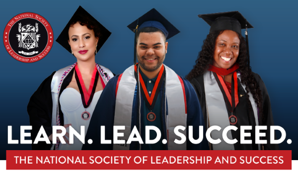 Promotional image for The National Society of Leadership and Success, featuring three diverse graduates and the motto "Learn. Lead. Succeed."
