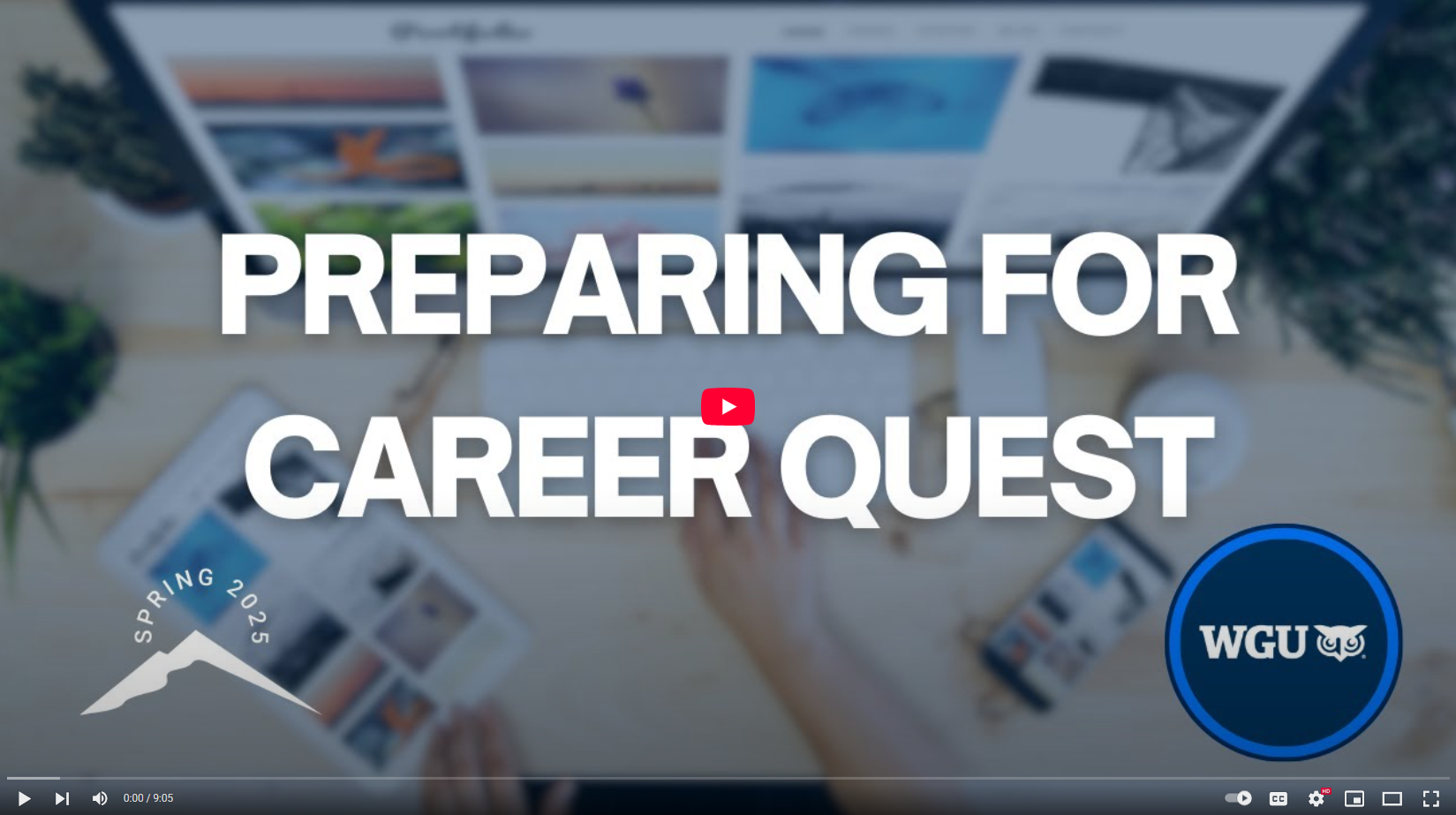 Video thumbnail for 'Preparing for Career Quest', showing a blurred office desk with a play button.