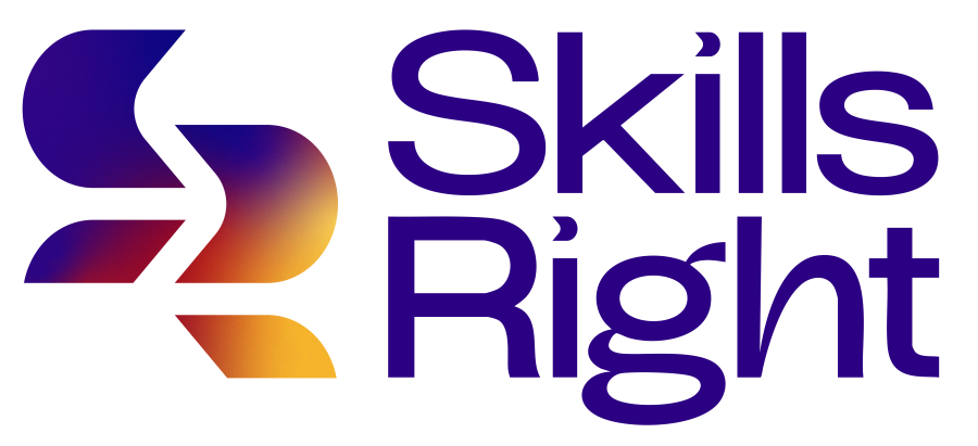 Skills Right branding featuring bold purple lettering and a multicolor geometric icon resembling a stylized S.