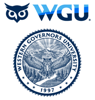 The WGU logo with a stylized owl icon and the university seal featuring an owl, mountains, and trees.