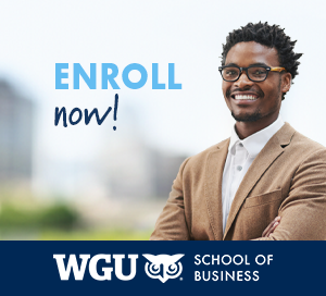 Image of a smiling man with glasses and 'ENROLL now!' text, promoting WGU School of Business.